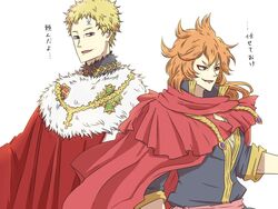  1boy black_clover blonde_hair blue_shirt cape cloak facial_mark female forehead_mark fur-trimmed_cloak fur_trim grey_eyes jewelry jinguu_(timaya) julius_novachrono long_hair medal mereoleona_vermillion messy_hair oerba_yun_fang red_cape red_cloak red_hair royal_robe shirt smile translation_request white_background 