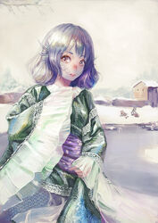  3girls amibazh animal_ears black_hair blue_hair branch cloud cloudy_sky commentary_request eyelashes fins frilled_kimono frilled_sleeves frills frozen grass_root_youkai_network green_kimono head_fins house imaizumi_kagerou japanese_clothes kimono lips long_sleeves looking_at_viewer mermaid monster_girl multiple_girls outdoors red_hair river scales sekibanki short_hair sky snow touhou wakasagihime winter wolf_ears 