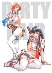  2girls absurdres belt black_hair blue_eyes breasts cleavage commentary_request copyright_name crop_top dirty_pair dirty_pair_(novels) earrings fingerless_gloves gloves gun handgun highres holster jewelry kei_(dirty_pair_novels) long_hair medium_breasts micro_shorts midriff multiple_girls navel necktie open_mouth orange_eyes orange_hair pink_lips short_hair shorts teikoku_jokyoku trigger_discipline weapon yuri_(dirty_pair_novels) 