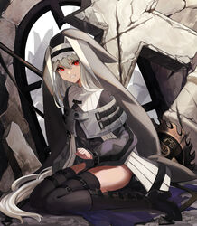  arknights belt black_footwear black_headwear black_jacket black_thighhighs boots capelet circular_saw clenched_hand commentary cross debris female full_body grey_capelet grey_hair grin habit hair_between_eyes high_heel_boots high_heels jacket kiukoma knee_boots latin_cross long_hair long_sleeves looking_at_viewer nun red_eyes saw seiza sitting smile solo specter_(arknights) thigh_belt thigh_strap thighhighs window 