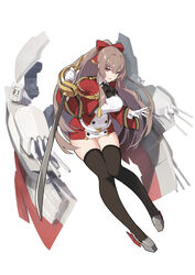  ascot azur_lane black_ascot black_thighhighs bow breasts brown_hair buttons collared_shirt commentary cropped_jacket double-breasted female full_body gloves hair_between_eyes hairbow highres holding holding_sword holding_weapon jacket kekemotsu large_breasts long_hair looking_at_viewer military military_uniform miniskirt open_clothes open_jacket open_mouth ponytail red_eyes red_jacket red_skirt reverse_grip rigging saber_(weapon) shirt simple_background skindentation skirt skirt_set solo straight_hair swiftsure_(azur_lane) sword thighhighs turret uniform weapon white_background white_gloves white_shirt wing_collar 