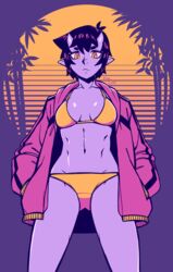  2019 abs absurdres bikini black_hair breasts colored_skin commentary dated female flat_color frown hands_in_pockets highres hood hood_down hoodie horns ittla limited_palette looking_at_viewer navel oni oni_horns open_clothes open_hoodie original pointy_ears purple_skin short_hair signature slit_pupils small_breasts solo swimsuit toned ume_(ittla) vaporwave yellow_bikini yellow_eyes 