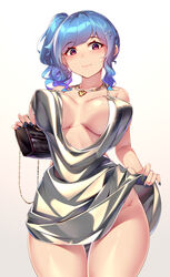  absurdres azur_lane backless_dress backless_outfit bag bare_shoulders blue_hair blue_nails blush breasts chinese_commentary cleavage closed_mouth clothes_lift commentary_request cowl_neck dress earrings evening_gown female from_below grey_dress hair_ornament hairclip halter_dress halterneck handbag highres holding holding_bag jewelry large_breasts nail_polish necklace official_alternate_costume pink_eyes plunging_neckline revealing_clothes sgt-jz side_ponytail sidelocks silver_dress skirt skirt_lift smile solo st._louis_(azur_lane) st._louis_(luxurious_wheels)_(azur_lane) thighs underboob 