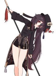  bare_legs bebetang black_shorts brown_hair closed_mouth commentary feet_out_of_frame female genshin_impact hat head_tilt highres holding holding_polearm holding_weapon hu_tao_(genshin_impact) jewelry leaning_to_the_side long_hair long_sleeves looking_at_viewer polearm red_eyes ring short_shorts shorts simple_background smile solo standing symbol-shaped_pupils tailcoat thumb_ring twintails very_long_hair weapon white_background 