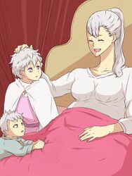  1boy 2girls acier_silva aged_down black_clover breasts cape closed_eyes collarbone hand_on_another&#039;s_head jinguu_(timaya) large_breasts long_hair long_neck lying mother_and_daughter mother_and_son multiple_girls nebra_silva on_bed ponytail pregnant purple_eyes shirt solid_silva white_cape white_hair white_shirt 