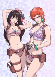  2girls absurdres arms_up blue_eyes bracelet breasts brown_eyes brown_hair cleavage collarbone commentary_request crop_top dirty_pair dirty_pair_(novels) earrings fingerless_gloves gloves gun handgun heart heart_earrings highres jewelry kei_(dirty_pair_novels) long_hair medium_breasts micro_shorts midriff multiple_girls navel orange_hair pink_background pouch revolver short_hair shorts teikoku_jokyoku weapon yuri_(dirty_pair_novels) 