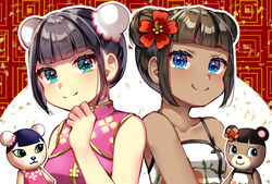  2girls animal_crossing bad_id bad_pixiv_id bare_shoulders bear black_hair blue_eyes blunt_bangs breasts brown_hair bun_cover chinese_clothes closed_mouth collarbone dark-skinned_female dark_skin double_bun dual_persona flower hair_bun hair_flower hair_ornament hand_up humanization june_(animal_crossing) looking_at_viewer maitacoco multiple_girls pekoe_(animal_crossing) red_flower short_hair sleeveless small_breasts smile tank_top upper_body 