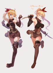  2girls absurdres ahoge arito_arayuru artist_progress belt blonde_hair blue_eyes boots bow brown_gloves brown_skirt dagger dual_wielding elbow_gloves fingerless_gloves full_body gloves hair_ornament hairbow hairclip hands_up highres holding holding_dagger holding_knife holding_weapon knife long_hair multiple_girls one_eye_closed original ponytail pouch rayuru_(arito_arayuru) red_bow redrawn shirt simple_background skirt sleeveless sleeveless_shirt thigh_boots thighhighs thighs translated walking weapon white_background 