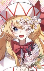  :d ametama_(runarunaruta5656) blonde_hair blue_eyes bow bowtie commentary_request female flower highres lily_white long_hair looking_at_viewer open_mouth pink_flower polka_dot polka_dot_background red_bow red_bowtie smile solo touhou upper_body white_headwear 