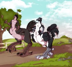  2020 agropuer avian avian_taur biped biped_taur black_body black_claws black_feathers cel_shading chocobo_taur claws countershade_face countershade_torso countershading digital_media_(artwork) digitigrade dipstick_feathers duo feathered_wings feathers feet fence grass green_eyes grey_body grey_claws grey_skin hi_res male multicolored_body multicolored_feathers nude_male nude_taur orion_(orion-b) outside plant shaded sky story story_in_description tail tail_feathers talons taross taur toes tree walking white_body white_feathers wings wood wood_fence 