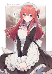  anna_(ikeuchi_tanuma) apron blurry blurry_background blush braid closed_mouth dress female frilled_apron frilled_dress frilled_skirt frills highres ikeuchi_tanuma long_hair looking_at_viewer maid maid_apron maid_headdress original purple_eyes red_hair skirt 