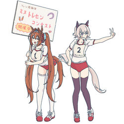  2girls :p animal_ears black_legwear blush buruma closed_mouth collarbone curren_chan_(umamusume) daiwa_scarlet_(umamusume) grey_hair gym_shirt gym_uniform hair_intakes hairband highres holding holding_paper holding_sign horse_ears horse_girl horse_tail leaning_forward long_hair looking_at_viewer looking_to_the_side mikeco multiple_girls open_mouth orange_hair original_race_uniform_(umamusume) paper race_bib shirt shoes short_hair short_sleeves sign simple_background smile sneakers standing tail thighhighs tiara tongue tongue_out translation_request twintails umamusume w white_background white_legwear white_shirt 