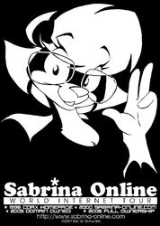  2007 anthro black_and_white black_background black_clothing black_topwear clothing digital_media_(artwork) english_text eric_schwartz eyewear female female_anthro front_view glasses gloves_(marking) hair looking_at_viewer mammal markings mephitid monochrome sabrina_(sabrina_online) sabrina_online simple_background skunk smile solo text topwear url white_hair 