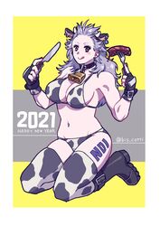  2021 animal_costume animal_ears animal_print bell bikini bovine breasts chinese_zodiac collar cow_costume cow_ears cow_girl cow_horns cow_print cow_print_bikini cow_tail dorohedoro female food fork hair_between_eyes happy_new_year highres horns long_hair looking_at_viewer muscular muscular_female navel neck_bell new_year noi_(dorohedoro) print_bikini sako_(namocake) simple_background solo swimsuit tail thighhighs white_hair year_of_the_ox 