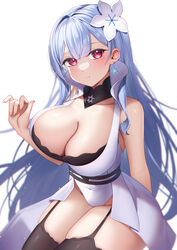  absurdres azur_lane bare_shoulders black_garter_straps black_thighhighs blue_hair blush breasts cleavage female flower garter_straps hair_flower hair_ornament highres lace-trimmed_legwear lace_trim large_breasts leotard long_hair looking_at_viewer purple_eyes seele0907 sitting smile solo thighhighs very_long_hair voroshilov_(azur_lane) white_leotard 