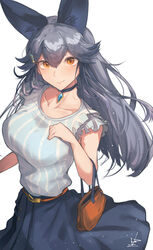  absurdres alternate_costume animal_ears arm_at_side bag belt breasts casual choker closed_mouth collarbone extra_ears female fox_ears frilled_shirt frills gem grey_hair hair_between_eyes hair_ornament hand_up handbag highres iparupua jewelry kemono_friends large_breasts long_hair looking_at_viewer medium_skirt no_tail orange_eyes parted_bangs shirt silver_fox_(kemono_friends) simple_background skirt sleeveless sleeveless_shirt smile solo striped_clothes striped_shirt taut_clothes taut_shirt vertical-striped_clothes vertical-striped_shirt very_long_hair white_background 