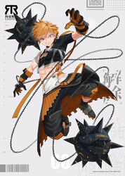  1boy abs absurdres barcode belt blue_eyes chains collar commentary_request cuffs flail full_body gloves grey_background highres looking_at_viewer midriff orange_hair original see-through shackles sharp_teeth solo taiga_(ryukyu-6102-8) teeth waist_cape weapon 