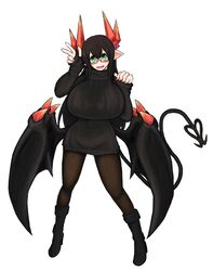  black_footwear black_hair black_sweater black_tail black_wings boots breasts cowboy_shot demon_girl demon_horns demon_tail dress female full_body glasses highres horns j_14180 merii_(mazohaha) musuko_ga_kawaikute_shikatanai_mazoku_no_hahaoya oerba_yun_fang pantyhose pointy_ears red-framed_eyewear ribbed_sweater semi-rimless_eyewear sweater sweater_dress tail under-rim_eyewear white_background wings 