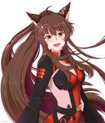  :3 ahoge animal_ear_fluff animal_ears belt blush bodysuit brown_hair butterfly_hair_ornament female fox_ears fumi_(2nd_costume)_(nijisanji) fumi_(nijisanji) hair_between_eyes hair_ornament highres long_hair long_sleeves looking_at_viewer mugimugigo nijisanji official_alternate_costume pilot_suit ponytail science_fiction simple_background smile solo transparent_background twitter_username very_long_hair virtual_youtuber yellow_eyes 