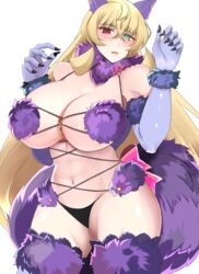  abs animal_ears bare_shoulders barghest_(fate) blonde_hair blush breasts claw_pose cleavage cosplay fate/grand_order fate_(series) female fur-trimmed_gloves fur_collar fur_trim gloves green_eyes heterochromia highres kankitsu_kei lace-trimmed_legwear lace_trim large_breasts long_hair looking_at_viewer mash_kyrielight mash_kyrielight_(dangerous_beast) mash_kyrielight_(dangerous_beast)_(cosplay) muscular muscular_female navel o-ring open_mouth purple_gloves purple_thighhighs red_eyes revealing_clothes solo tail thighhighs thighs wolf_ears wolf_tail 