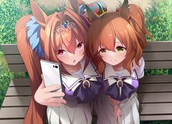  2girls animal_ears aston_machan_(umamusume) asymmetrical_docking blush bow bowtie breast_press breasts brown_hair cellphone commentary_request crown daiwa_scarlet_(umamusume) green_eyes hair_between_eyes hair_intakes holding holding_phone horse_ears horse_girl horseshoe_ornament large_breasts long_hair mofu_namako multiple_girls phone pleated_skirt purple_bow purple_bowtie purple_shirt red_eyes sailor_collar sailor_shirt school_uniform selfie serafuku shirt sitting skirt smartphone smile tiara tracen_school_uniform twintails umamusume very_long_hair white_skirt 