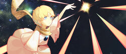  1boy arm_up baggy_clothes blonde_hair blue_eyes bright_pupils chrix fate/grand_order fate/requiem fate_(series) floating from_side glowing light looking_up male_focus parted_bangs robe scarf shadow short_hair short_sleeves sky solo space sparkle star_(sky) star_(symbol) starry_background starry_sky tunic upper_body voyager_(fate) voyager_(first_ascension)_(fate) white_tunic yellow_scarf 