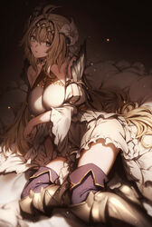  armor armored_dress blonde_hair blue_eyes breasts diadem dress feather_hair_ornament feathers female flower genyaky granblue_fantasy hair_flower hair_intakes hair_ornament hairband highres jeanne_d&#039;arc_(granblue_fantasy) large_breasts long_hair looking_at_viewer open_mouth solo thighs white_dress white_flower 