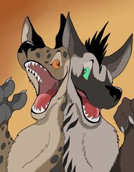  2019 ambiguous_gender duo fur gradient_background green_eyes green_sclera hyena looking_at_another mammal markings open_mouth orange_sclera pawpads sharp_teeth simple_background spots spotted_body spotted_fur spotted_hyena striped_hyena teeth vegabone yellow_eyes 