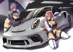  2girls absurdres akame_ga_kill! blue_eyes blue_ribbon boots breasts car chelsea_(akame_ga_kill!) cleavage commission english_commentary hair_ribbon highres long_hair motor_vehicle multiple_girls original packge parasol pink_hair porsche porsche_911 porsche_991 race_queen red_eyes red_hair ribbon smile spoiler_(automobile) sports_car thigh_boots thighhighs thighs umbrella vehicle_focus white_footwear white_thighhighs 