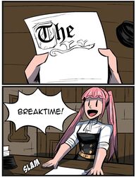  :d arktoons english_text female fire_emblem fire_emblem:_three_houses garreg_mach_monastery_uniform highres hilda_valentine_goneril lazy open_mouth paper parody pink_hair sitting smile spongebob_squarepants_(series) table twintails |_| 