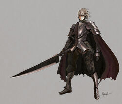  1boy absurdres armor breastplate cape chainmail closed_mouth fantasy full_body gauntlets greaves grey_background grey_hair hair_between_eyes highres holding holding_sword holding_weapon huge_weapon male_focus original palow pauldrons purple_eyes shoulder_armor signature simple_background solo sword torn torn_cape torn_clothes vambraces weapon 