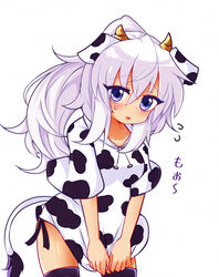  alternate_costume animal_ears animal_print blush breasts commentary_request cow_ears cow_hood cow_horns cow_print cow_tail cowboy_shot drawstring female highres holding_hoodie horns long_hair looking_at_viewer medium_breasts minato_mal mononobe_no_futo open_mouth ponytail purple_eyes short_sleeves simple_background solo standing sweat tail touhou white_background white_hair 