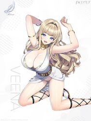  absurdres armlet arms_up artist_request bare_shoulders bikini blonde_hair blue_eyes bracelet breasts character_name cleavage collar copyright_name dolphin_wave dress earrings female full_body gold_trim highres hoop_earrings jewelry kirahoshi_kanna kneeling large_breasts logo long_hair looking_at_viewer official_art ootomo_takuji open_mouth shiny_skin shoes short_dress simple_background smile solo swimsuit thighs 