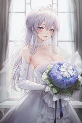  absurdres bare_shoulders blue_eyes blush bouquet breasts bridal_veil cleavage detached_sleeves dress earrings elbow_gloves female flower gloves hair_between_eyes highres holding holding_bouquet holding_flower indoors jewelry large_breasts long_hair looking_at_viewer meoyo original parted_lips rose sidelocks smile solo strapless strapless_dress tiara veil wedding_dress white_dress white_hair window 