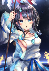  ahoge armpits bare_shoulders black_hair blue_eyes blue_ribbon blush breasts chestnut_mouth collarbone dress fate/grand_order fate/requiem fate_(series) female highres jewelry long_sleeves looking_at_viewer magatama magatama_hair_ornament medium_breasts medium_hair multicolored_hair necklace night night_sky open_mouth pelvic_curtain pink_hair polearm puffy_long_sleeves puffy_sleeves ribbon seigaiha short_dress sideboob sideless_outfit sidelocks sky solo spear star_(sky) starry_sky streaked_hair thighs tsukasa_tsubasa utsumi_erice water weapon white_dress 