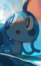  :o absurdres blue_eyes bright_pupils commentary day from_below gloss_(hotglossed) highres looking_to_the_side no_humans open_mouth outdoors pokemon pokemon_(creature) sobble solo tongue water wet white_pupils 