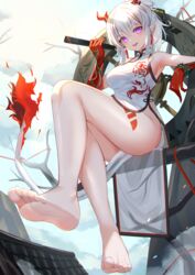  absurdres arknights artistic_error ass bad_id bad_pixiv_id bandeau bare_legs bare_shoulders barefoot bead_bracelet beads bracelet breasts china_dress chinese_clothes colored_skin dragon_girl dragon_horns dragon_tail dress feet female flame-tipped_tail foreshortening gradient_skin highres horns jewelry large_breasts leg_tattoo legs looking_at_viewer mirufuaa multicolored_hair nian_(arknights) nian_(unfettered_freedom)_(arknights) outdoors pointy_ears purple_eyes red_bandeau red_skin sideboob sitting soles solo streaked_hair tail tattoo toes white_dress white_hair wrong_foot 