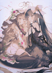  2girls :/ arcaea bare_shoulders black_dress black_footwear black_legwear blonde_hair blurry blurry_background blush bow breasts brown_eyes brown_hair closed_mouth commentary commission dress falling_petals flower frills hairbow high_heels highres hikari_(arcaea) hikari_(zero)_(arcaea) long_hair looking_at_another majamari multiple_girls off_shoulder parted_lips petals red_flower red_ribbon red_rose ribbon rose simple_background sitting skeb_commission small_breasts tairitsu_(arcaea) thighhighs twintails very_long_hair wariza wavy_hair white_background white_bow white_dress yellow_eyes yuri 