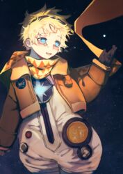  1boy absurdres bad_id bad_pixiv_id baggy_clothes blonde_hair blue_eyes bmp_(smjs4288) bright_pupils commentary cowboy_shot crying crying_with_eyes_open fate/grand_order fate/requiem fate_(series) gloves glowing goggles goggles_on_head highres male_focus parted_bangs scarf short_hair sky smile solo space spacesuit star_(sky) starry_background starry_sky tears voyager_(fate) voyager_(third_ascension)_(fate) yellow_scarf 