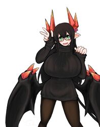  black_hair black_sweater black_tail black_wings cropped_legs demon_girl demon_horns demon_tail dress female glasses green_eyes highres horns j_14180 long_hair merii_(mazohaha) musuko_ga_kawaikute_shikatanai_mazoku_no_hahaoya nail_polish oerba_yun_fang pantyhose red-framed_eyewear red_horns red_nails ribbed_sweater semi-rimless_eyewear smile sweater sweater_dress tail thighs turtleneck turtleneck_sweater under-rim_eyewear white_background wings 