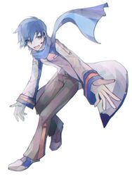  1boy bad_id bad_twitter_id belt binggwaryu blue_eyes blue_hair blue_nails blue_scarf brown_pants coat commentary derivative_work full_body headset highres kaito_(vocaloid) male_focus male_hand nail_polish open_mouth outstretched_arms pants scarf shoes sideways_glance smile sneakers solo vocaloid vocaloid_boxart_pose white_background white_coat 