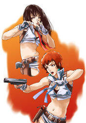  2girls belt black_hair blue_eyes breasts brown_eyes cleavage commentary_request crop_top dirty_pair dirty_pair_(novels) earrings fighting_stance fingerless_gloves gloves gun handgun highres holster holstered jewelry kei_(dirty_pair_novels) long_hair medium_breasts micro_shorts midriff multiple_girls navel open_mouth orange_hair red_lips red_nails short_hair shorts teikoku_jokyoku weapon white_gloves yuri_(dirty_pair_novels) 