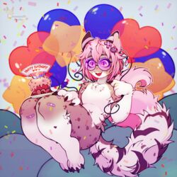  1:1 absurd_res accessory anthro balloon band-aid bandage belly birthday birthday_cake cake cinnamon_awita dessert domestic_cat eyewear felid feline felis female fluffy food fur fynnley_(character) glasses grey_body grey_fur hair hair_accessory hairpin happy hi_res inflatable leg_markings mammal markings mixed_breed pink_hair savannah_cat socks_(marking) solo space_invaders square_enix taito white_belly 