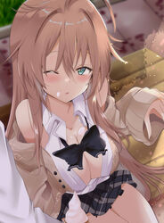  ahoge azur_lane blue_eyes breasts brown_hair cleavage collarbone commentary_request female food food_on_face hair_between_eyes highres ice_cream impero_(azur_lane) impero_(languid_librarian)_(azur_lane) large_breasts looking_at_viewer official_alternate_costume one_eye_closed school_uniform sitting solo_focus tonchinkan 