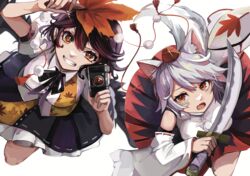  2girls absurdres animal_ear_fluff animal_ears arm_up bare_shoulders bird_wings black_hair black_skirt black_wings blush breasts brown_eyes camera commentary_request detached_sleeves grey_hair grin hair_between_eyes hand_fan hat hauchiwa highres holding holding_camera holding_fan holding_leaf holding_shield holding_sword holding_weapon inubashiri_momiji large_breasts leaf leaf_print long_sleeves looking_at_viewer mamiya_miya maple_leaf_print multiple_girls oerba_yun_fang open_mouth petticoat pom_pom_(clothes) red_headwear scimitar shameimaru_aya shield shirt short_hair simple_background skin_fang skirt smile sword tail tassel tokin_hat touhou weapon white_background white_shirt wide_sleeves wings wolf_ears wolf_tail 