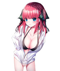  bent_over bikini bikini_top_only black_bikini black_ribbon blue_eyes blunt_bangs blush breasts butterfly_hair_ornament cleavage eyebrows_hidden_by_hair female frown go-toubun_no_hanayome hair_ornament hand_on_own_hip hood hoodie hoodie_tug large_breasts looking_at_viewer medium_hair midriff_peek nakano_nino nasubi_(nasubi555) navel partially_unzipped pink_hair ribbon simple_background sleeves_past_wrists solo stomach swimsuit thighs two_side_up v-shaped_eyebrows white_background white_hoodie 