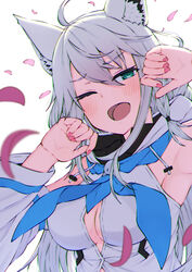  ahoge animal_ear_fluff animal_ears armpits arms_up blue_neckerchief blush braid breasts cleavage commentary_request detached_sleeves female fox_ears fox_girl green_eyes hair_between_eyes highres hololive hood hoodie long_hair looking_at_viewer medium_breasts neckerchief nemurimangetsu one_eye_closed open_mouth petals red_nails shirakami_fubuki shirakami_fubuki_(1st_costume) sidelocks simple_background single_braid solo virtual_youtuber white_background white_hair white_hoodie 