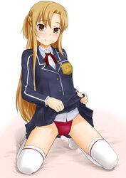  asuna_(sao) blazer blue_jacket blue_skirt braid brown_eyes brown_hair clothes_lift commentary_request competition_swimsuit crown_braid female full_body half_updo highres jacket kneeling long_hair looking_at_viewer neck_ribbon one-piece_swimsuit pleated_skirt red_one-piece_swimsuit ribbon school_uniform skirt skirt_lift solo swimsuit swimsuit_under_clothes sword_art_online thighhighs tk4 white_thighhighs 