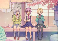  3girls :o ahoge architecture bad_id bad_twitter_id bamboo_screen belt black_thighhighs blonde_hair braid brown_eyes center_frills cherry_blossoms choker collared_shirt dango day east_asian_architecture eating falling_petals food foot_dangle frills full_body grey_hair grey_legwear hair_flaps hair_ornament hair_over_one_eye hairclip holding holding_food hood hood_down hooded_jacket hoshi_syoko idolmaster idolmaster_cinderella_girls jacket kawaii_boku_to_142&#039;s_(idolmaster) kneehighs koshimizu_sachiko loafers long_hair long_sleeves looking_at_another looking_away morimiya_masayuki multiple_girls necktie on_floor one_eye_covered open_clothes open_jacket outdoors partially_unzipped petals pink_hair pleated_skirt print_cup print_shirt purple_necktie sanshoku_dango shirasaka_koume shirt shoes short_hair shouji side_braid sitting skirt sleeves_past_fingers sleeves_past_wrists sliding_doors socks stone_lantern striped_clothes striped_thighhighs suspender_skirt suspenders tea thighhighs veranda wagashi wooden_floor 