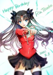  2021 black_ribbon black_skirt black_thighhighs blue_eyes brown_hair character_name dated fate/stay_night fate_(series) female happy_birthday highres long_hair mintes open_mouth outstretched_arm red_sweater ribbon skirt solo sweater thighhighs tohsaka_rin turtleneck turtleneck_sweater twitter_username white_background zettai_ryouiki 